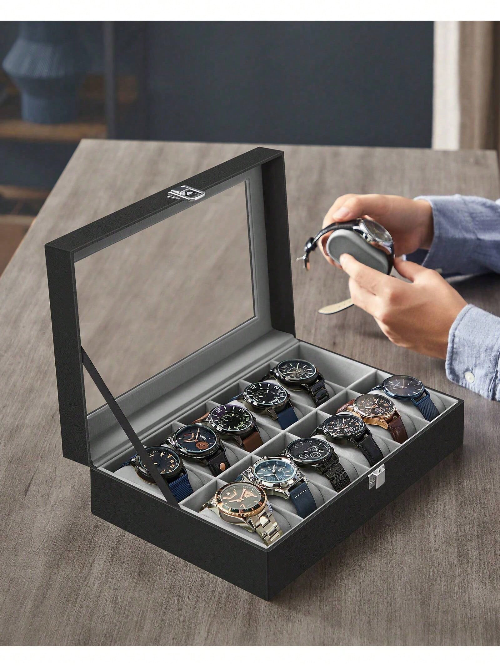 12-Slot Lockable Watch Box wit - Leather Watch Strap ulasan dan harga