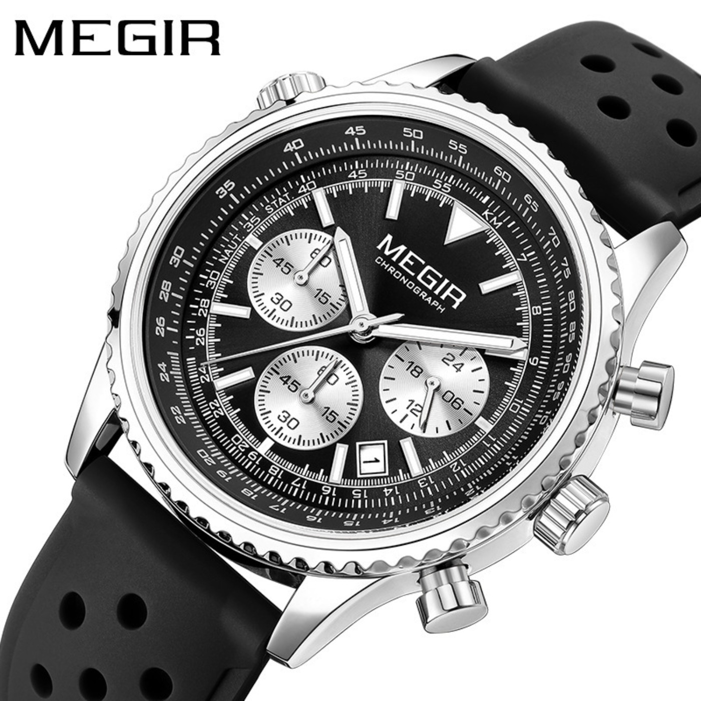 MEGIR Silver Black Quartz Watc - Leather Watch Strap ulasan dan harga